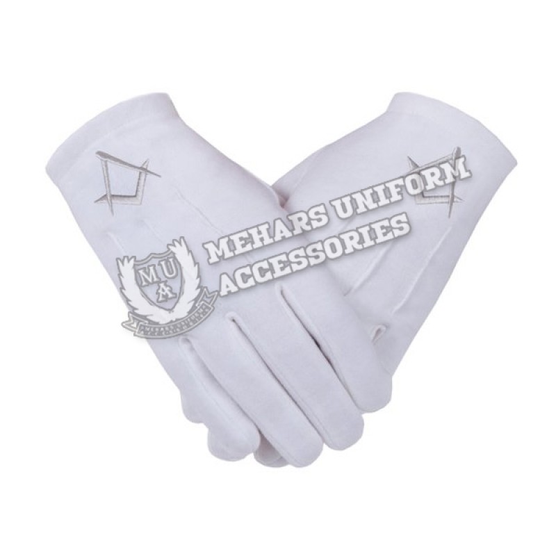 Freemasons Masonic Gloves in Cotton in Silver Embroidered S&C